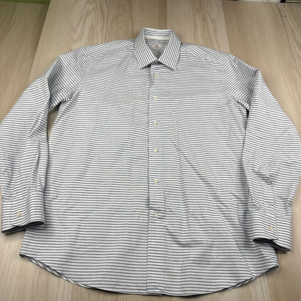 Gallia Mens Gray White Striped Long Sleeve Button Up Luxury Dress Shirt 17.5-44